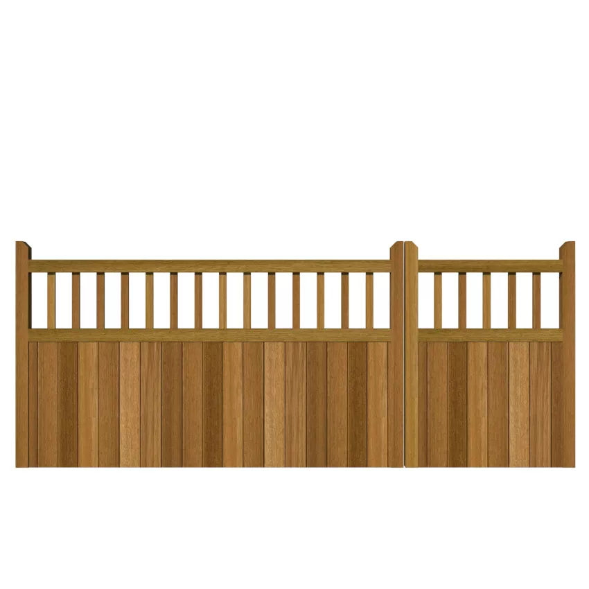 Baywood Low Iroko Split Driveway Gate. Low height with wood spindles