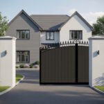 Bow Top Sliding Gate in Composite - with vertical cladding and spindles - The Bath - opening