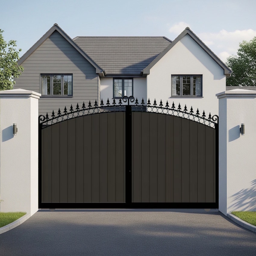Bow Top Sliding Gate in Composite - with vertical cladding and spindles - The Bath