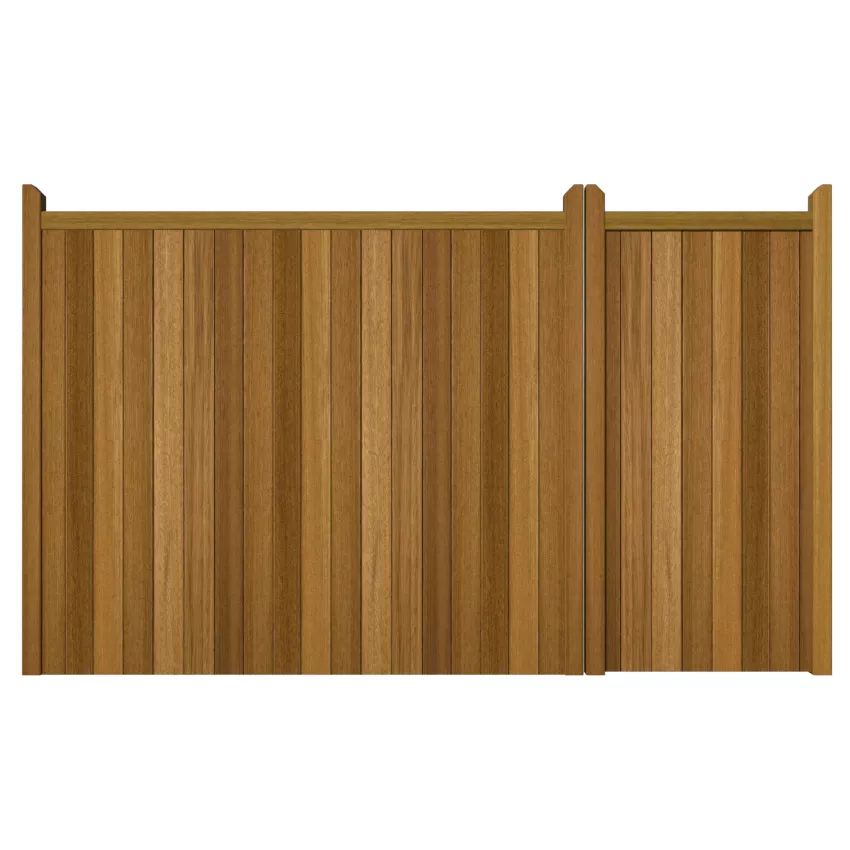 Brentwood Iroko Split Driveway Gate. Flat top gate with vertical cladding.