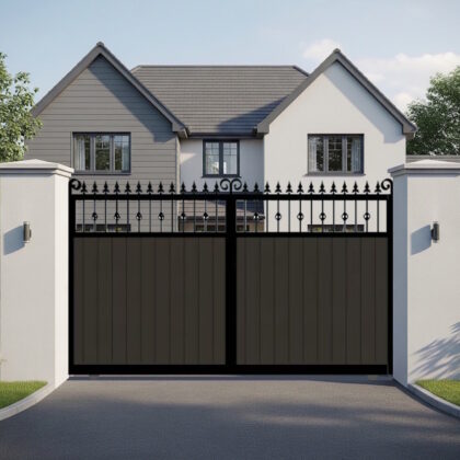 Flat Top Sliding Gate in Composite - with vertical cladding and spindles - The Wilton