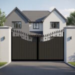 Inner Swan Neck Sliding Gate in Composite - with vertical cladding and spindles - The Westfield
