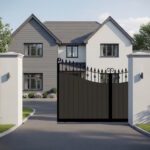Inner Swan Neck Sliding Gate in Composite - with vertical cladding and spindles - The Westfield - open
