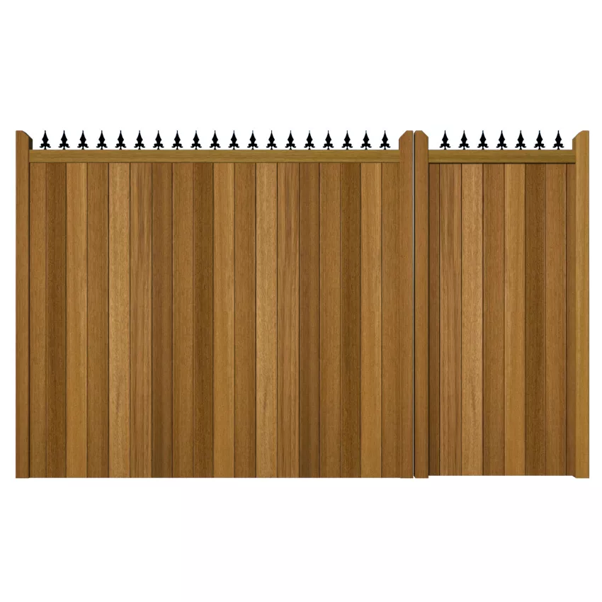 3/4 split entrance gate in iroko hardwood. Flat top design with fleur de lys header