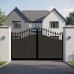 Swan Neck Sliding Gate in Composite - Flat top with vertical cladding and spindles - The Aberdeen