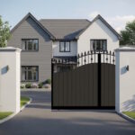 Swan Neck Sliding Gate in Composite - Flat top with vertical cladding and spindles - The Aberdeen - open