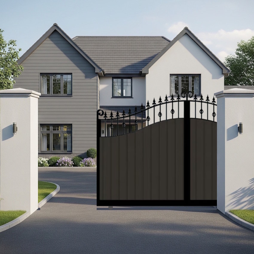 Swan Neck Sliding Gate in Composite - Flat top with vertical cladding and spindles - The Aberdeen - open