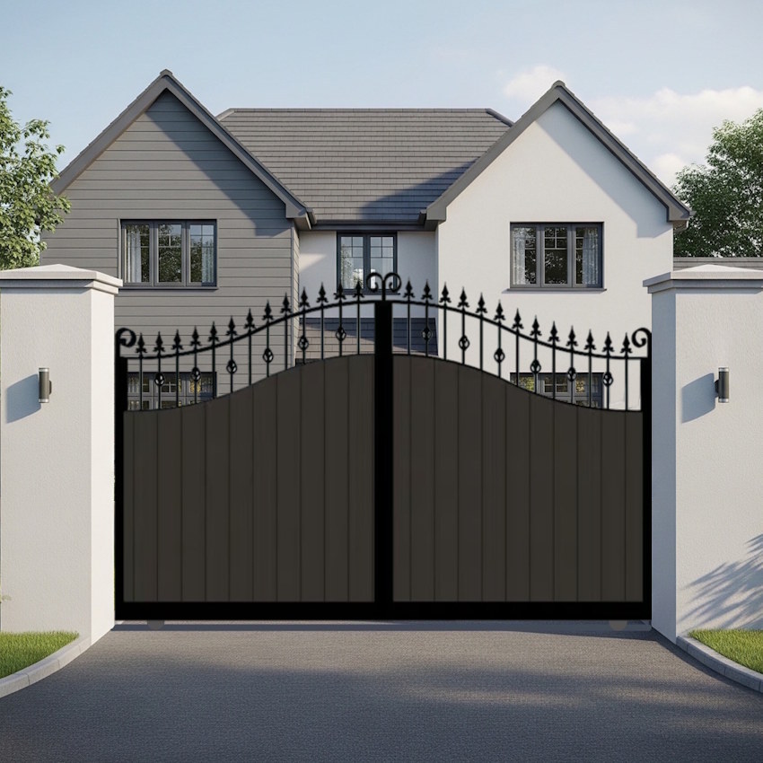 Swan Neck Sliding Gate in Composite - Flat top with vertical cladding and spindles - The Aberdeen