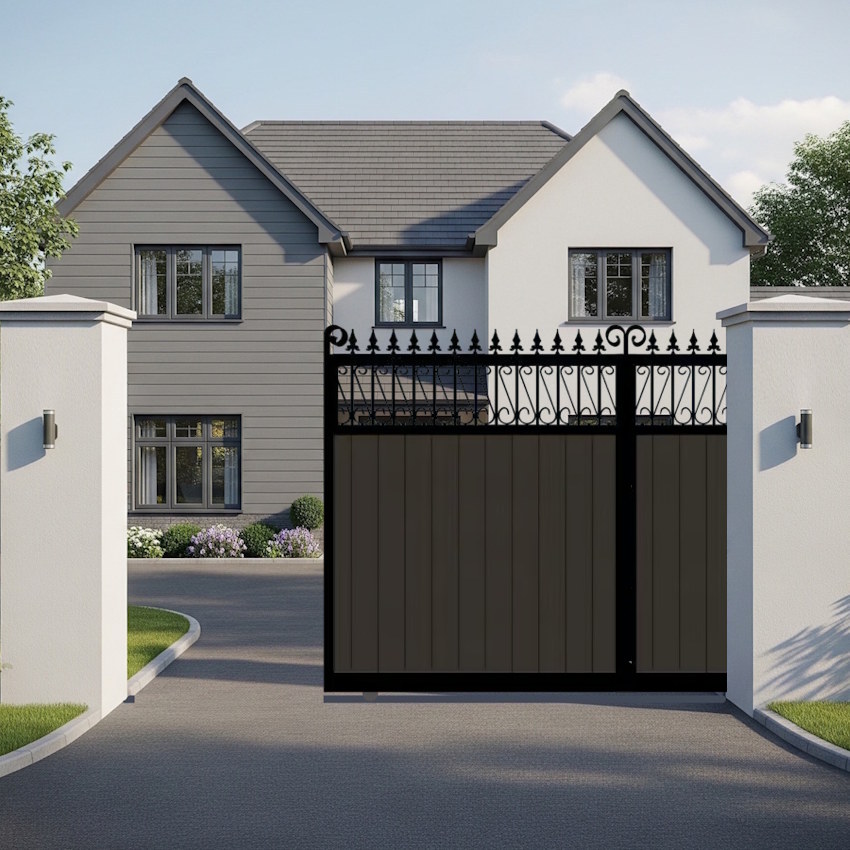Swan Neck Sliding Gate in Composite - with vertical cladding and spindles - The Lemmington - open