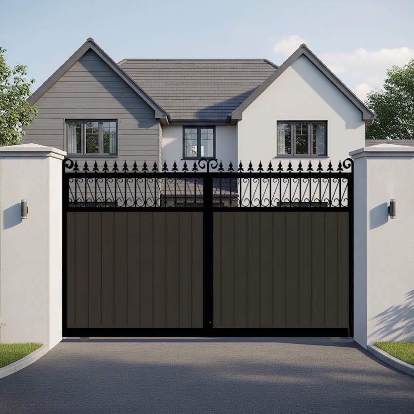 Swan Neck Sliding Gate in Composite - with vertical cladding and spindles - The Lemmington