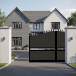 Swan Neck Sliding Gate in Composite - with vertical cladding and spindles - The Southwark - open