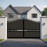 Swan Neck Sliding Gate in Composite - with vertical cladding and spindles - The Waltham Forest