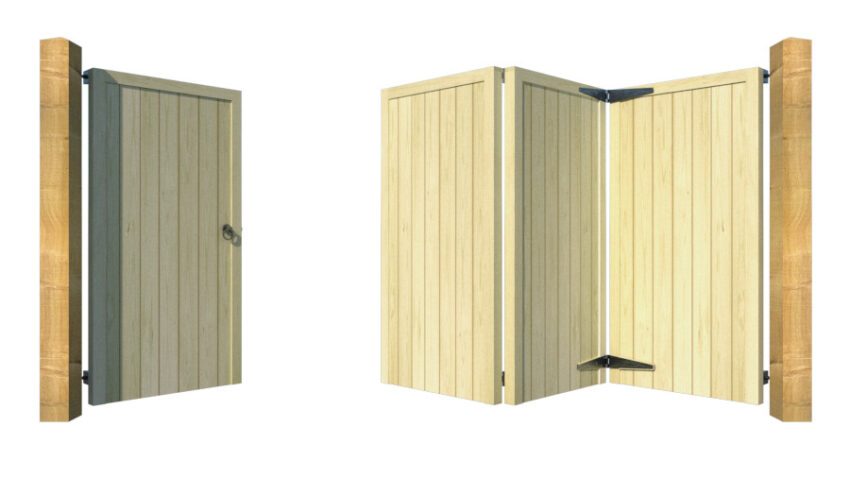 Wooden Bi-fold Driveway Gates - The Guildford - opening with pedestrian access