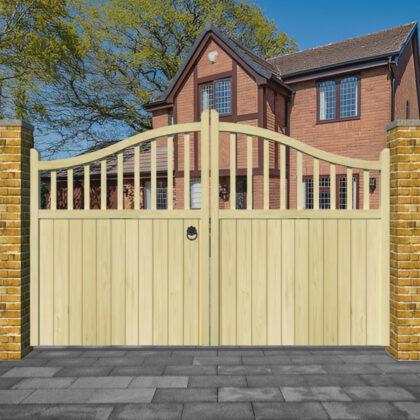 Torbay Baywood Wooden Driveway Gates - Swan Neck with Spindles