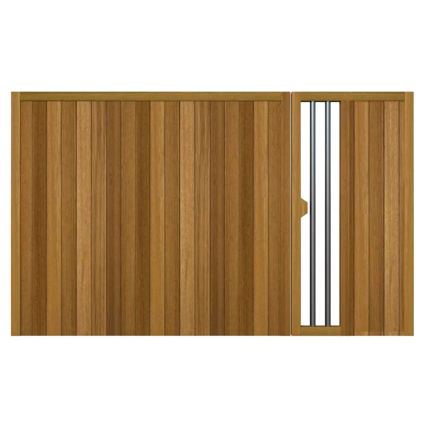 Hardwood driveway gate with pedestrian access. Flat top design