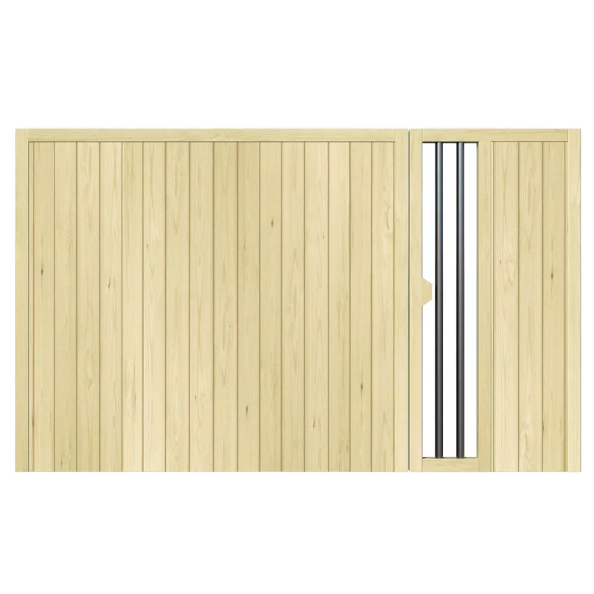 Watergate Pine Split Driveway Gate. Wooden cladding with stainless steel feature
