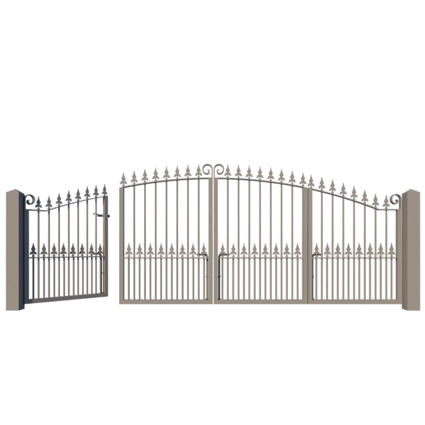 Metal Bi-fold Driveway Gates - The Swindon Low - closed with pedestrian gate open