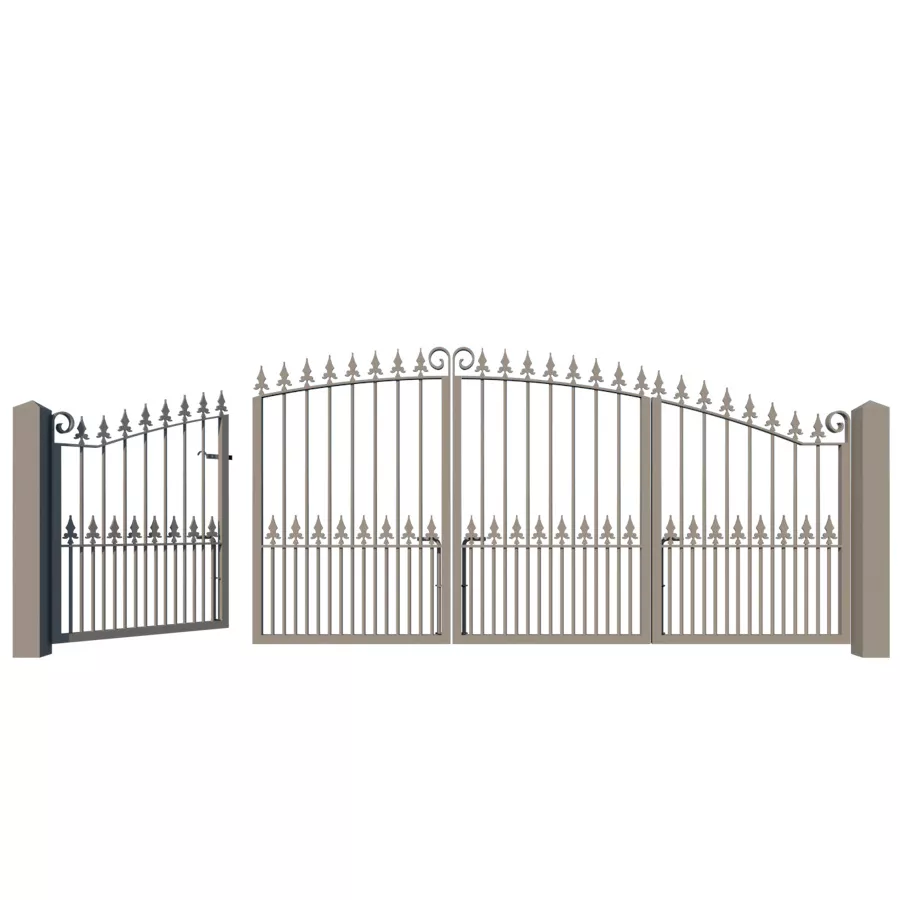 Metal Bi-fold Driveway Gates - The Swindon Low - closed with pedestrian gate open