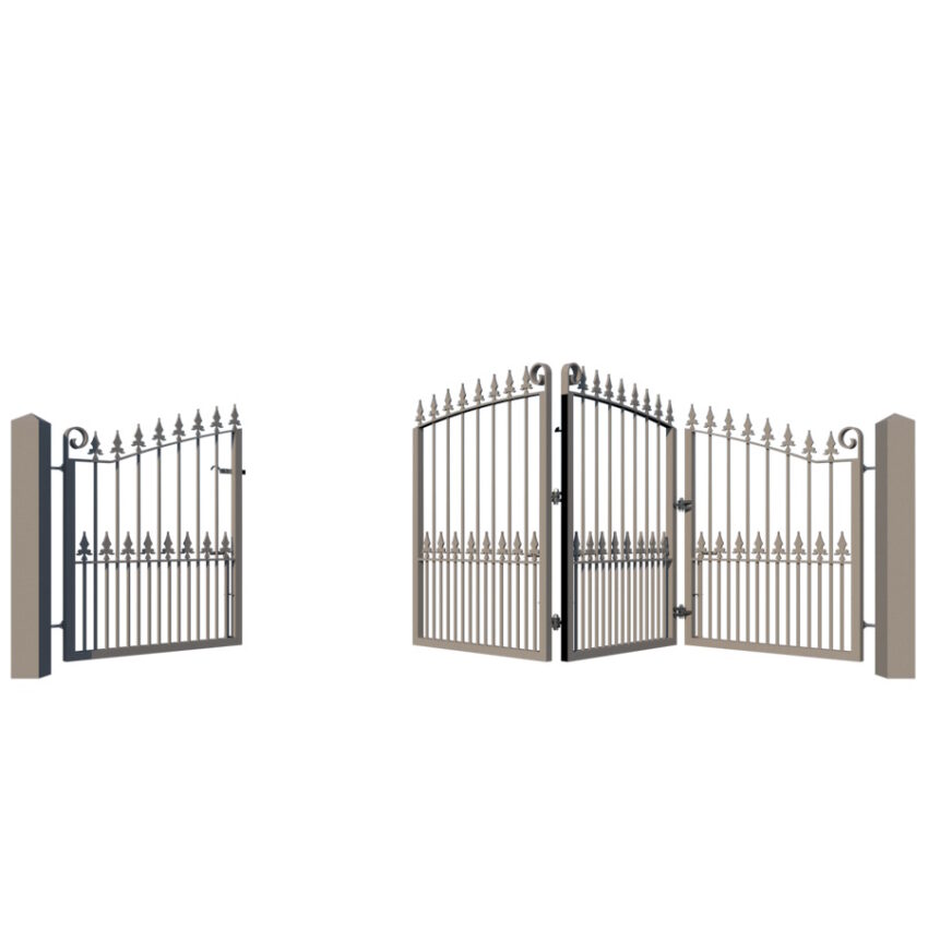 Metal Bi-fold Driveway Gates - The Swindon Low - opening with pedestrian gate open