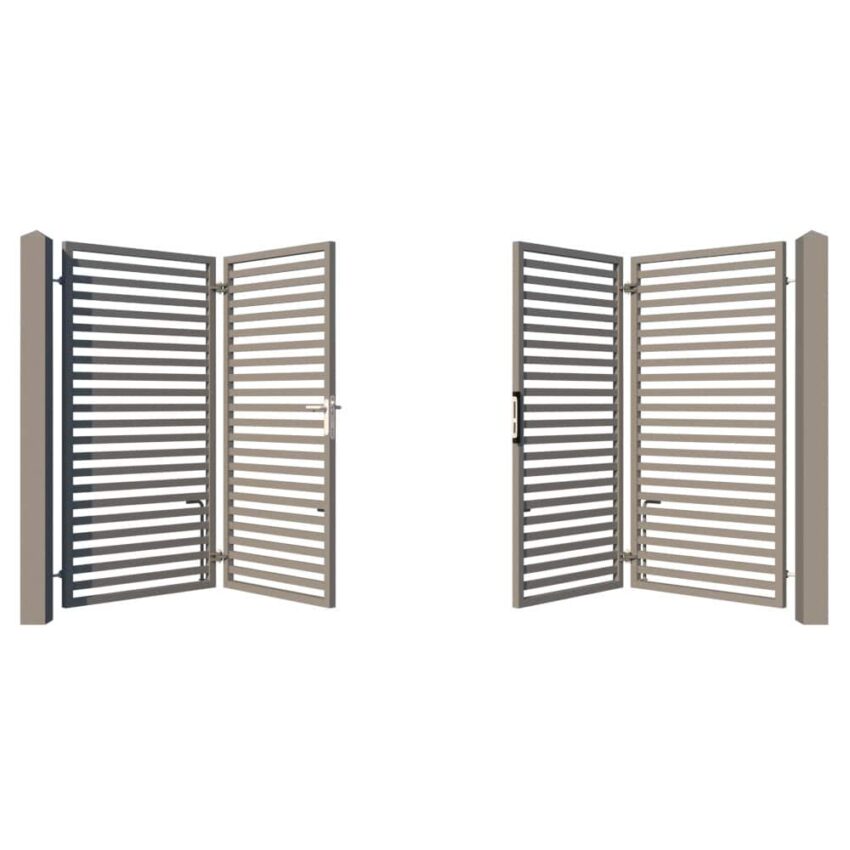 Modern Metal Bi-fold Driveway Gate Design - The Charlton - showing opening