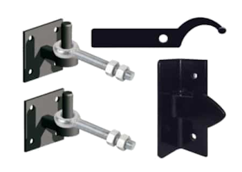 Metal gate hinge plates and opening latch with receiver.