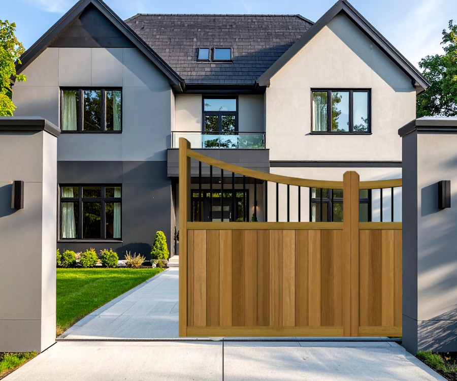 Sliding Gates in Hardwood - Inner Bow top with Spindles - The Foxwood - open