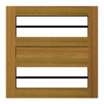 A flat top garden gate in iroko hardwood with horizontal black metal bars