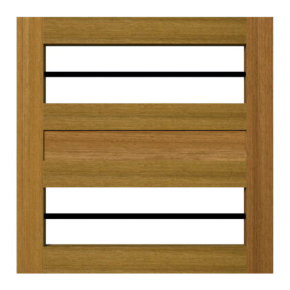 A flat top garden gate in iroko hardwood with horizontal black metal bars