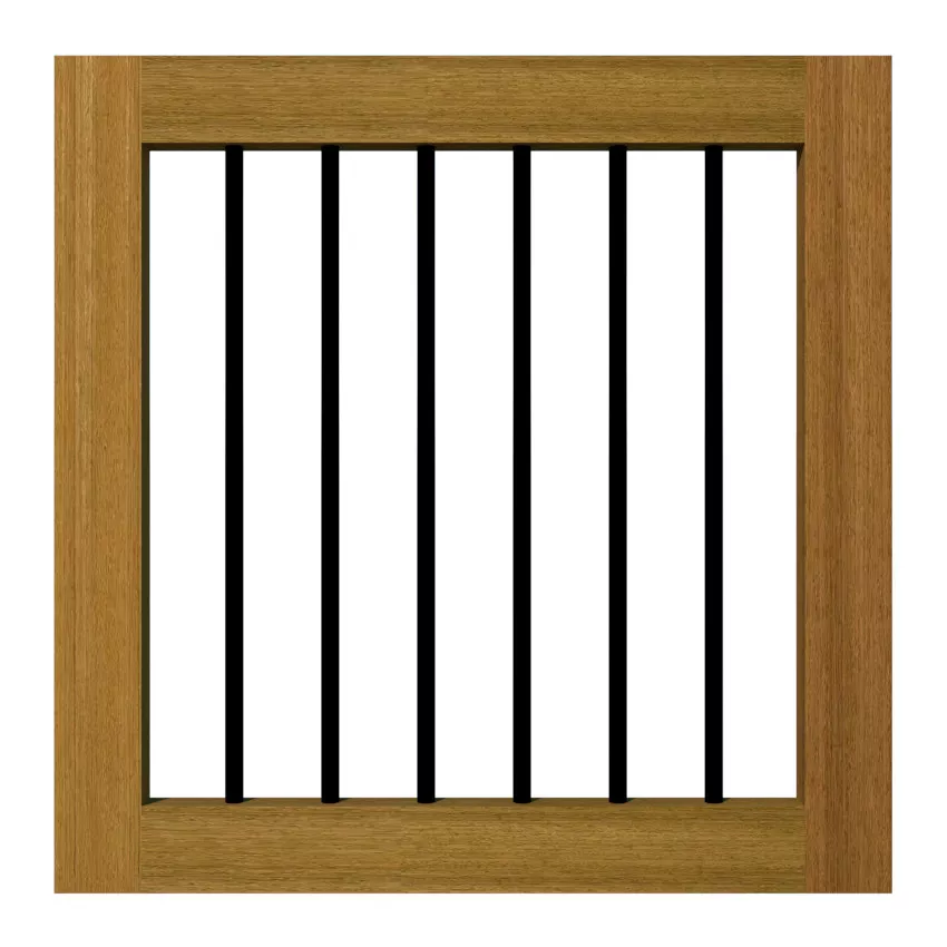 A flat top wooden garden gate with black vertical bars. Modern design