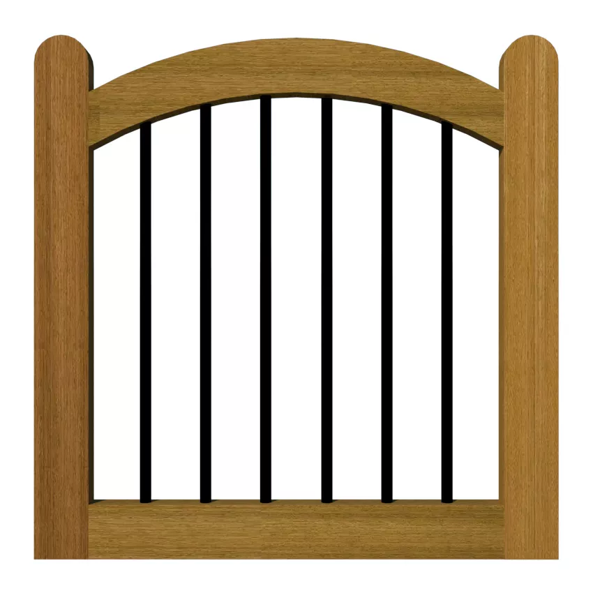 A garden gate with a bow top and black metal bars