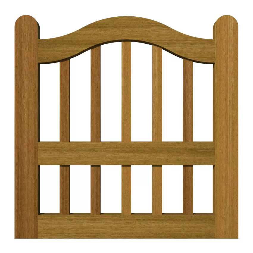 Swan neck top garden gate with wood spindles