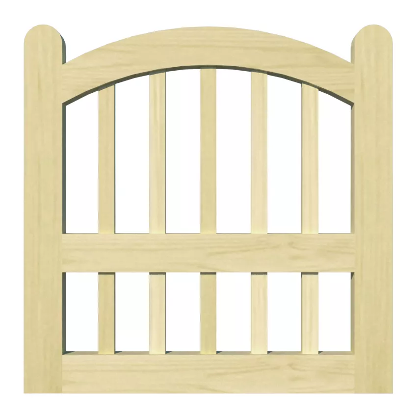 Bow top garden gate with vertical wooden spindles