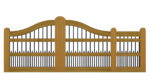 Swan neck sliding gate in hardwood timber with black vertical metal bars