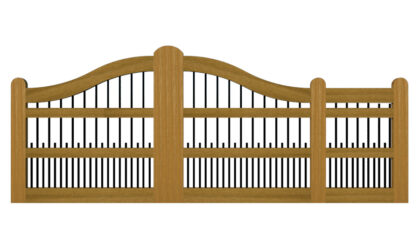 Swan neck sliding gate in hardwood timber with black vertical metal bars