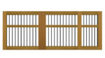 Flat top wooden sliding gate with vertical black metal bars