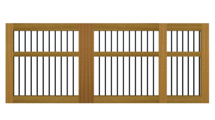 Flat top wooden sliding gate with vertical black metal bars