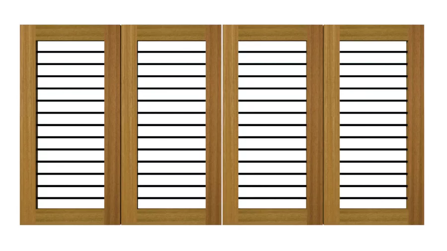 Flat top bi-fold driveway gate in hardwood. Modern design