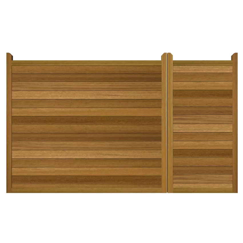Split driveway gate in iroko hardwood. Flat top with horizontal cladding.