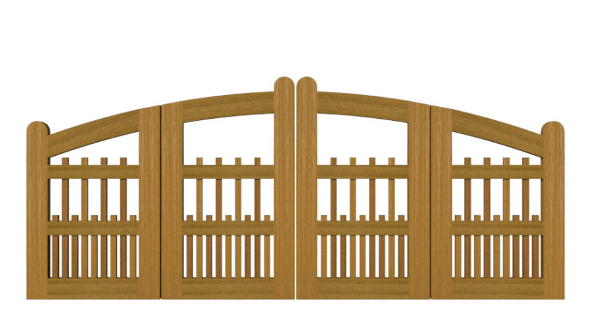 Lynmouth open panelled bi fold gate iroko