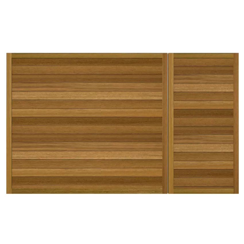 Flat top 3/4 split driveway gate with horizontal cladding. Made from Iroko hardwood timber.
