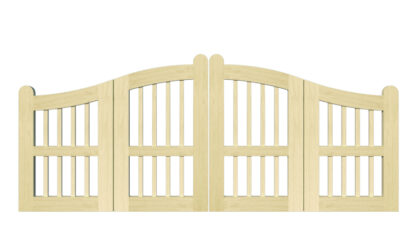 Padstow open panelled bi fold gate pine_Swan neck top with vertical wooden spindles