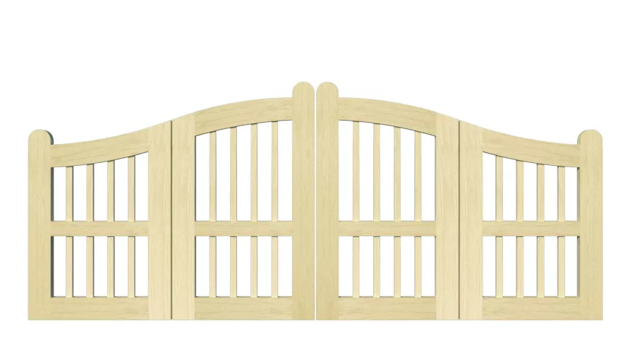 Padstow open panelled bi fold gate pine_Swan neck top with vertical wooden spindles