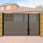 Modern Flat Top Split Entrance Gate with Horizontal Bars - The Charlton