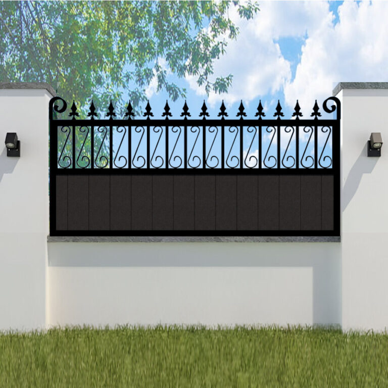 a fence with a black fence and a green lawn