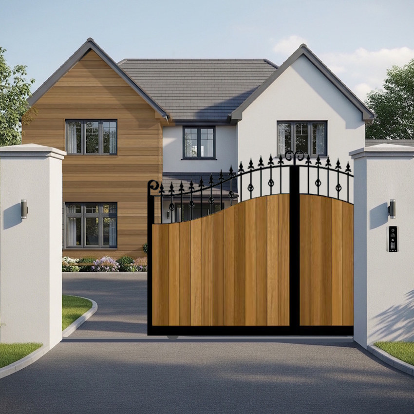 Sliding Gate - vertical Cladded Swan Top - The Aberdeen - open