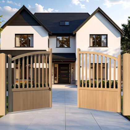 Bow Top with spindles - Oak Driveway Gate - the Christchurch - opening