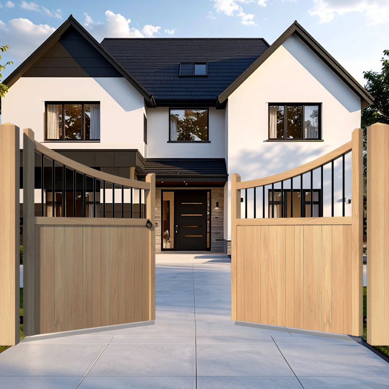 Oak Driveway Gate inner bow top with spindles - The Foxwood - open