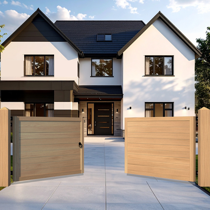 Oak Driveway Gate modern flat top - The Derby Low - open