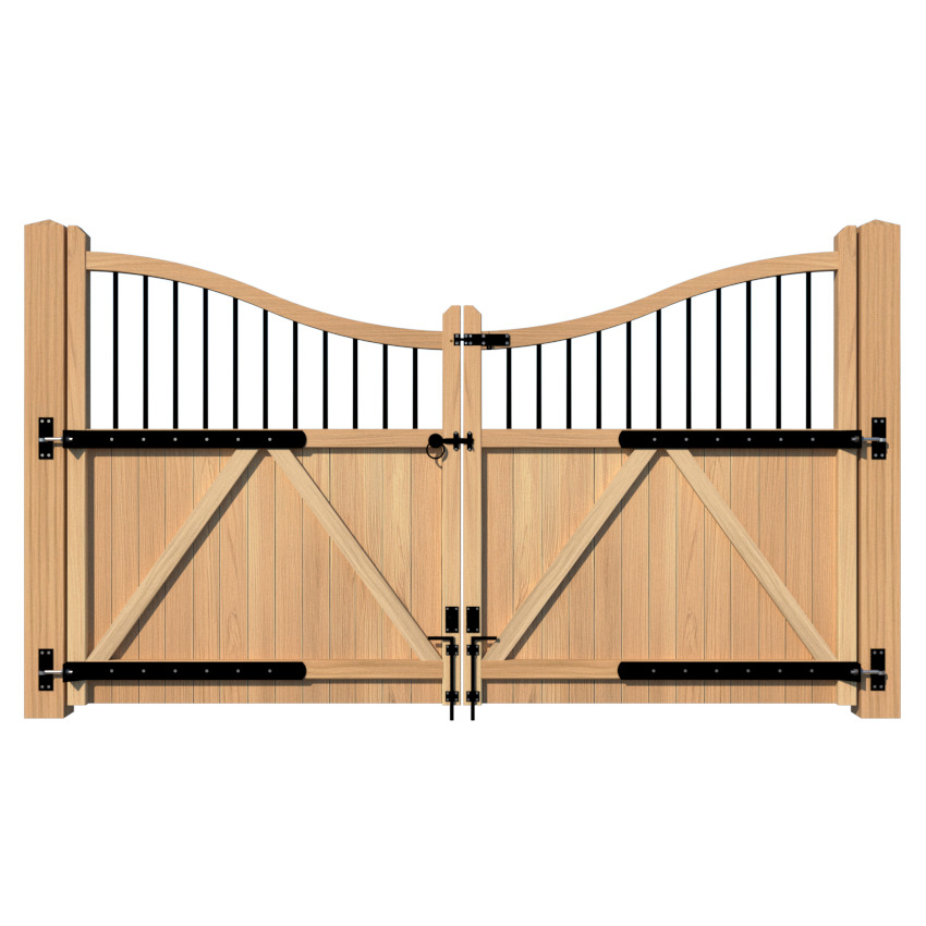 Oak Driveway Gate with inner swan neck and metal spindles - The Cumbria - open