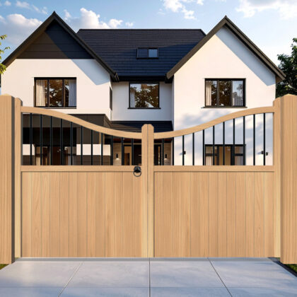 Oak Driveway Gate with inner swan neck and metal spindles - The Cumbria